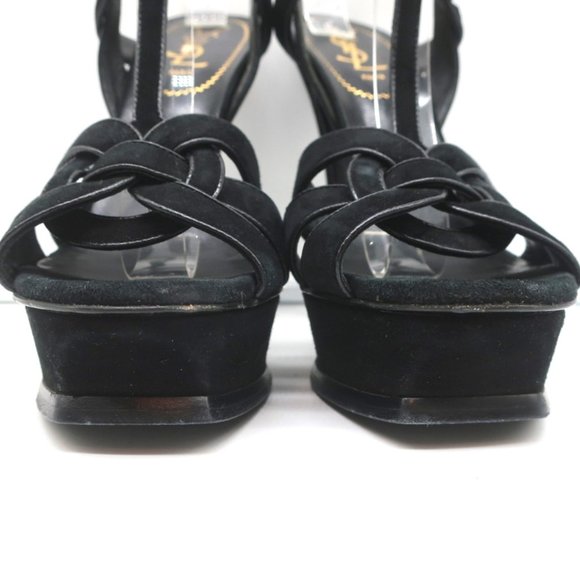 YVES SAINT LAURENT TRIBUTE PLATFORM SANDALS BLACK LEATHER-TRIM SUEDE SIZE 39 - Picture 4 of 11